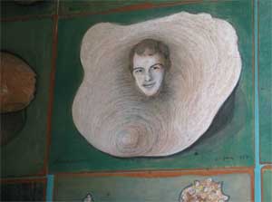 Portrait of Andy in a shell. Part of a large collection of shell mpainting on board by de Belleroche