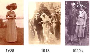 My grandmother at 17; after her wedding in 1913; with my grandfather in the 1920s in Keswick where fashion changed slowly !