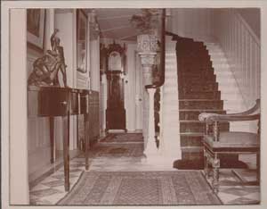 The hall. Note the extraordinarily tall jardiniere with the plant touching the next flight of steps