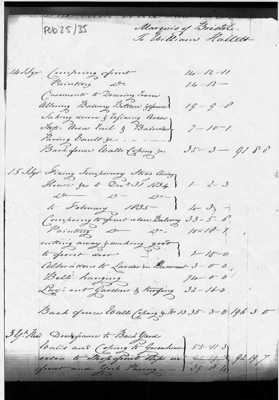 25 February 1835 Halletts account for work on 14 and 15 Sussex Square